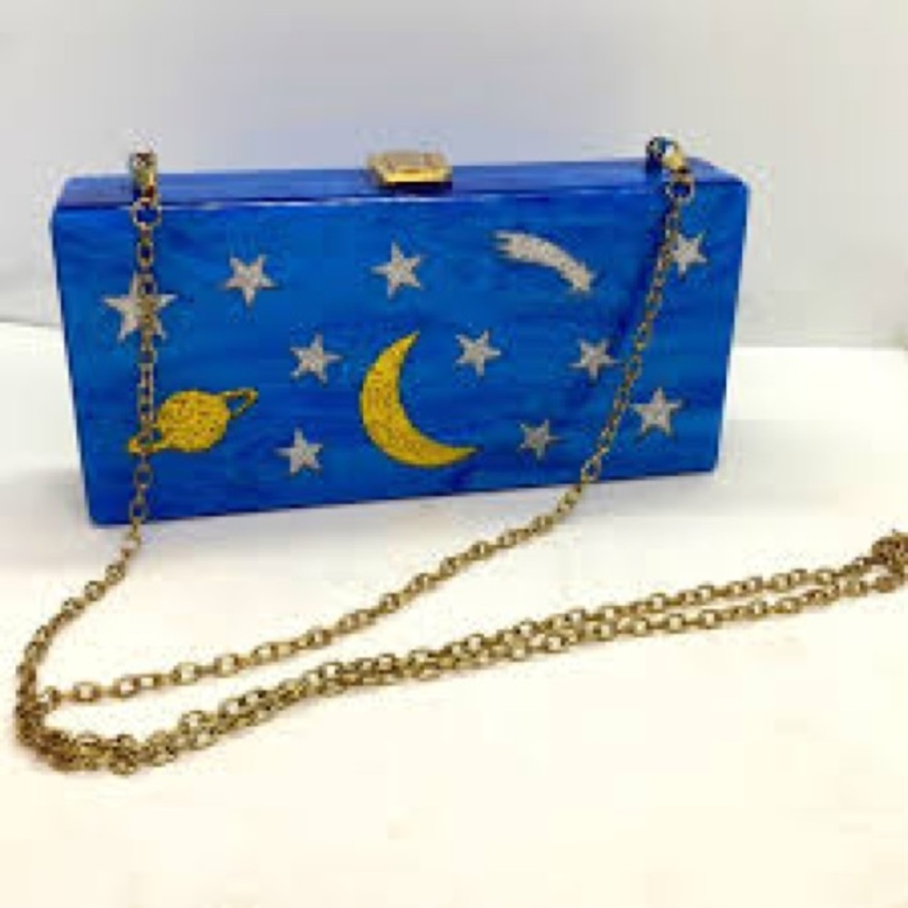 NEW Blue Celestial Starry Night Acrylic Clutch with silver  Chain